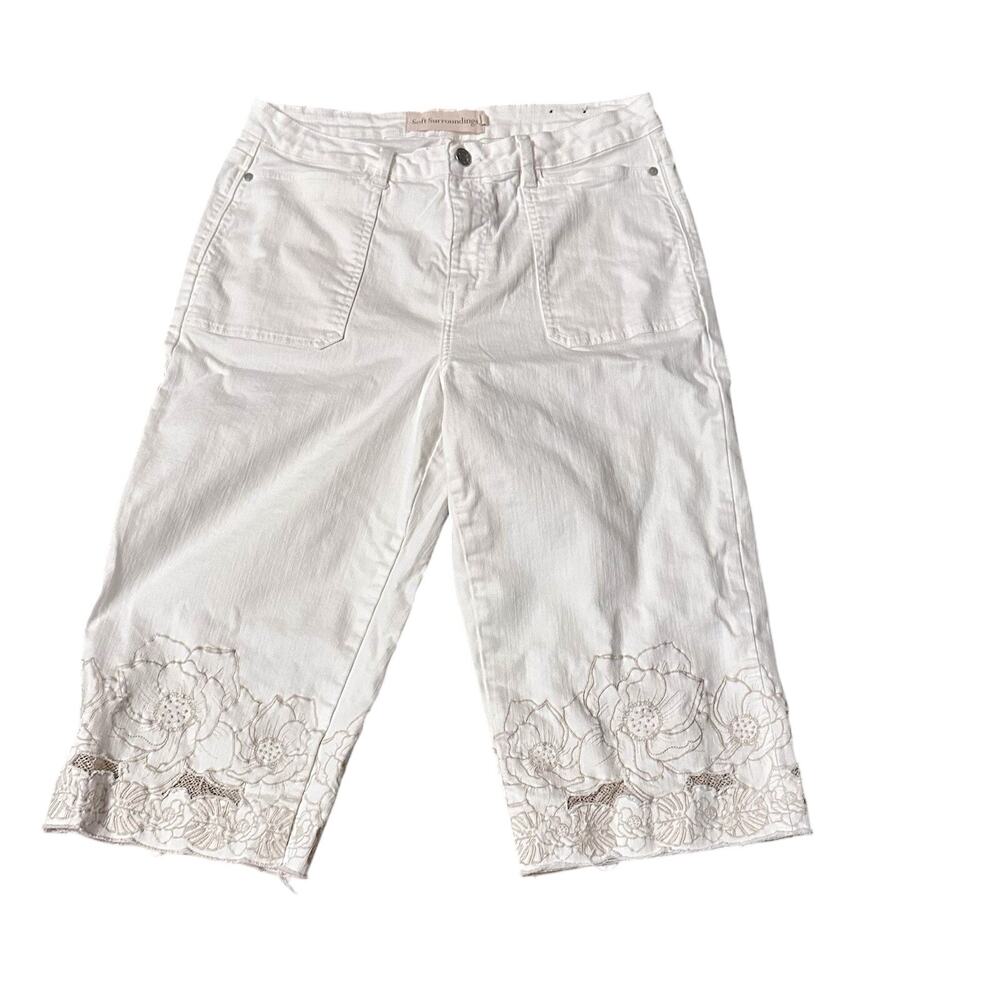 Soft Surroundings White Embroidered Capri Pants Plus Size 14P – Floral Lace Hem